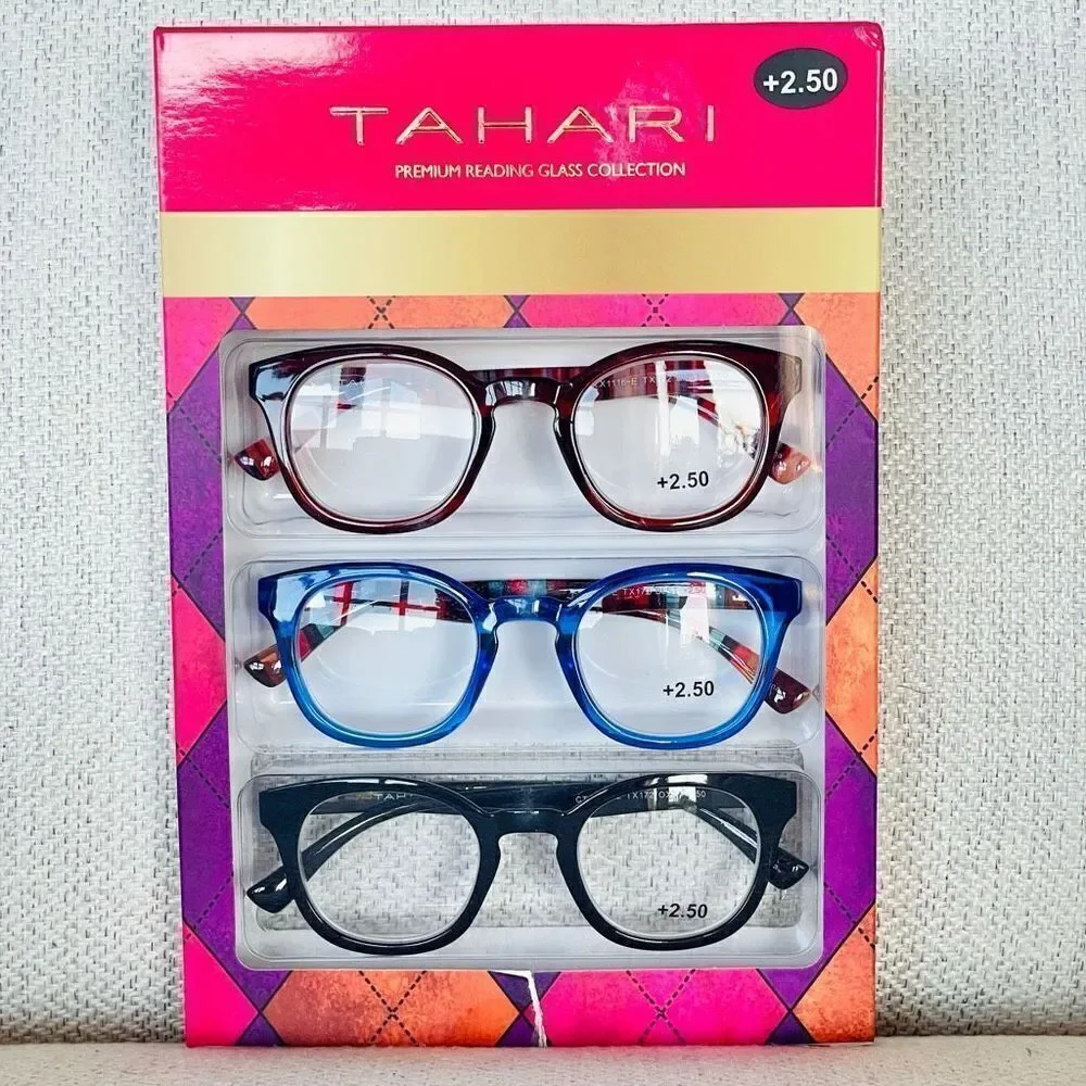 NWT 3 Pack 2.50 TAHARI Premium Eye Reading Glasses Black, Blue & Brown & Striped